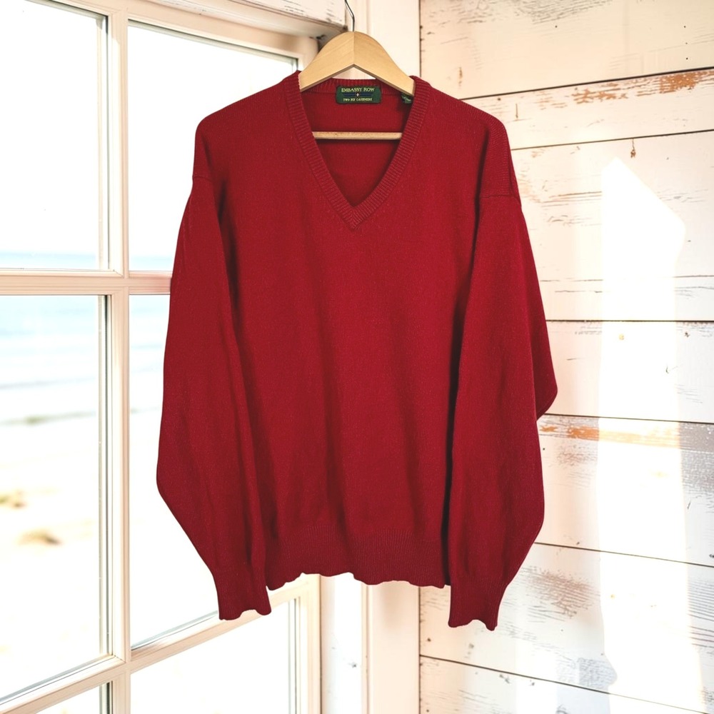 Vintage V-Neck Sweater Embassy Row L Red Cashmere Wool Two Ply Knit Preppy
